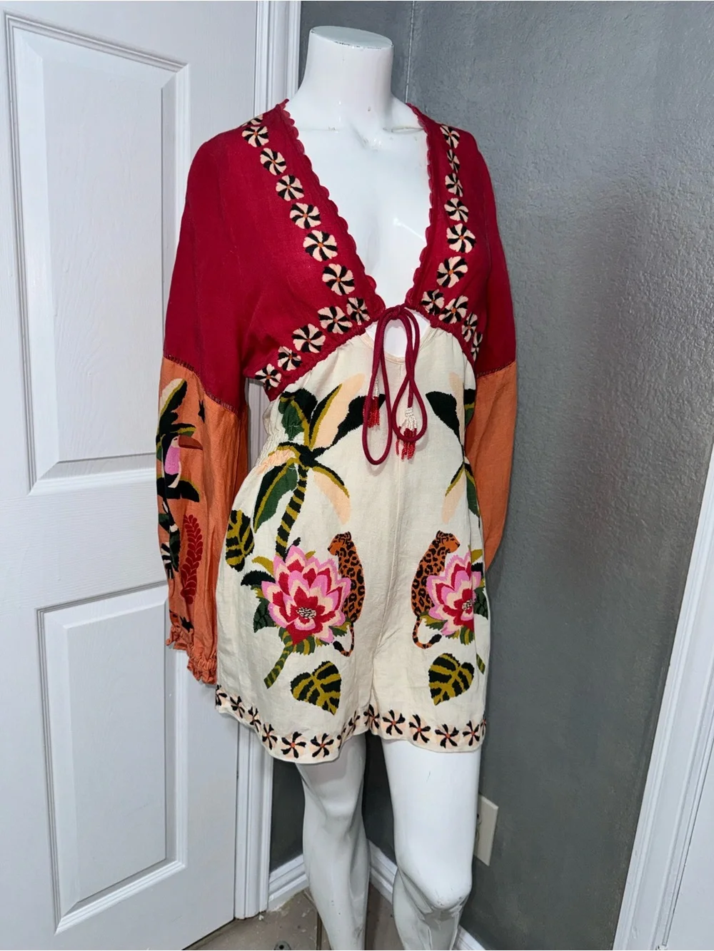Anthropologie Pink and Cream Embroidered V-Neck Romper - Picture 14 of 17